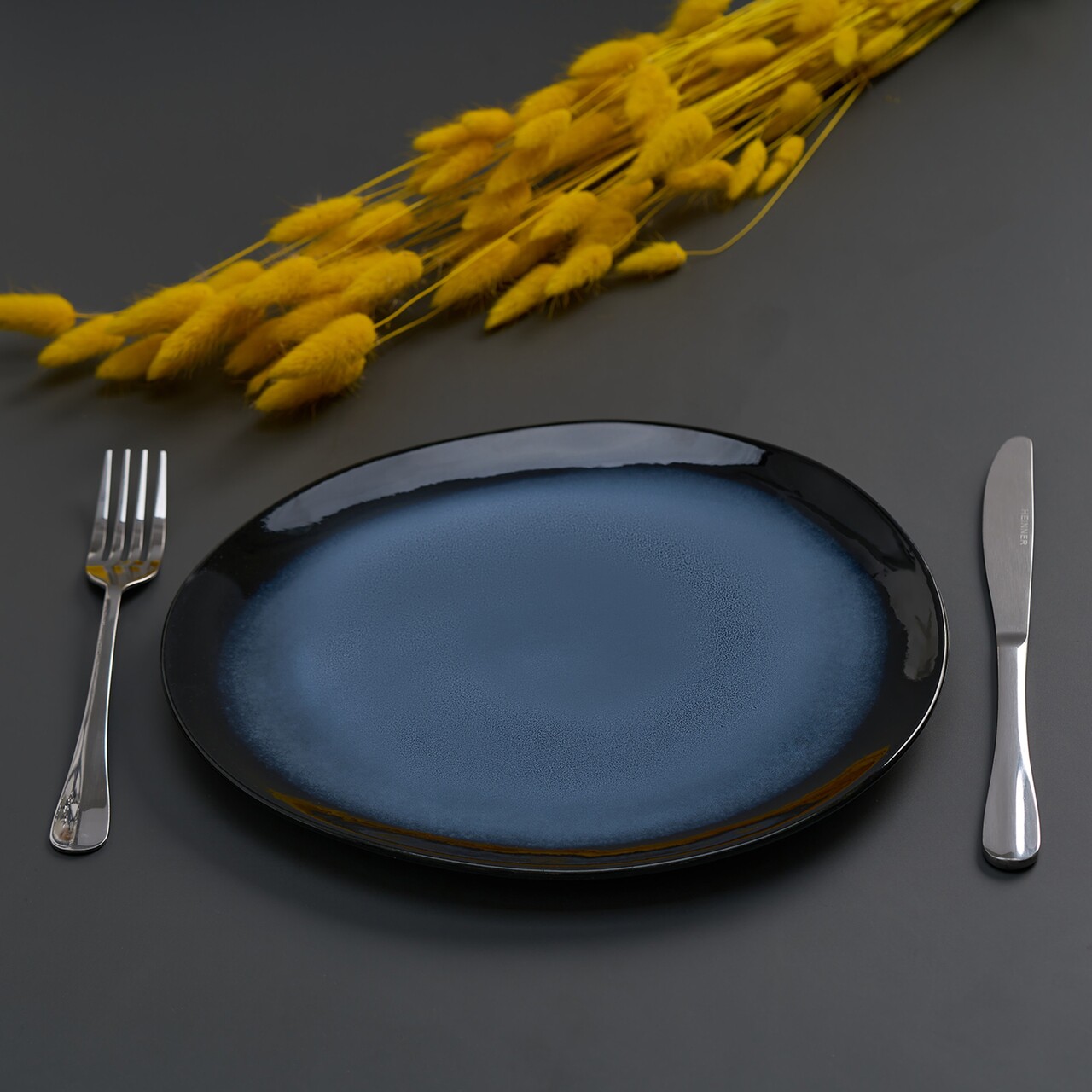 Set 4 farfurii ovale Serenity, Heinner Ø21 cm, ceramica, albastru/negru - imagine 5